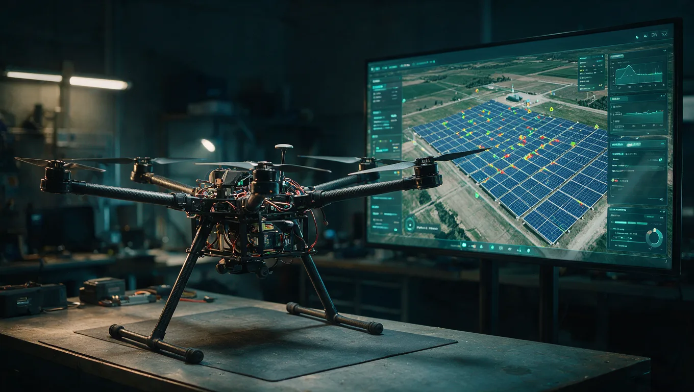 Heavy-lift industrial hexacopter on a workbench beside a monitor showing a solar plant digital twin