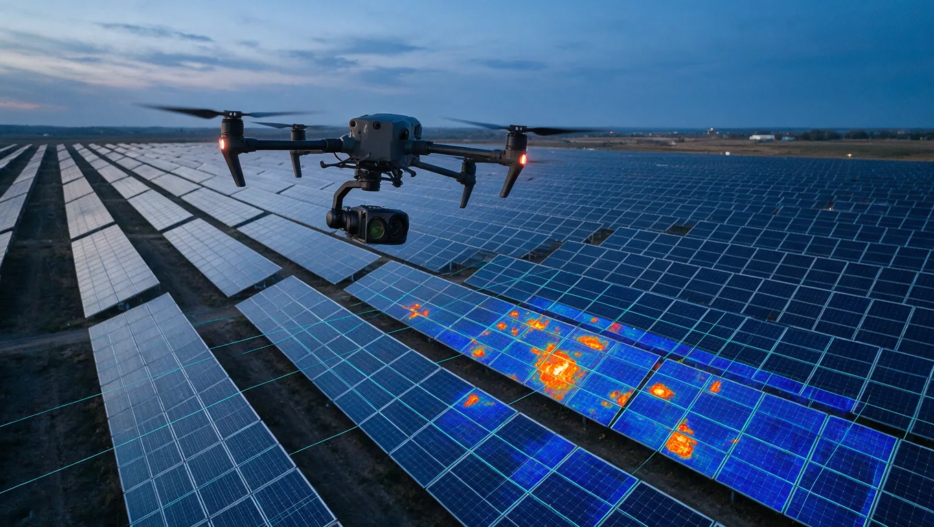 Drone with thermal camera flying over a utility-scale solar farm at dusk with hotspot overlay