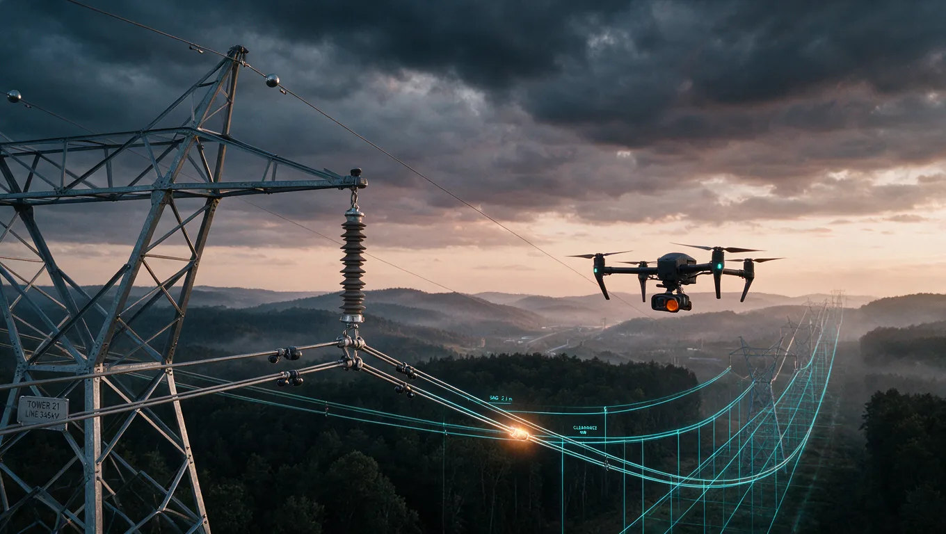 Drone flying along a high-voltage transmission line corridor at dusk