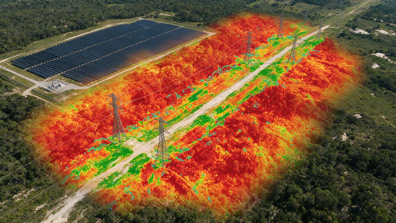 NDVI false-colour overlay on a powerline corridor beside a solar plant showing vegetation risk zones