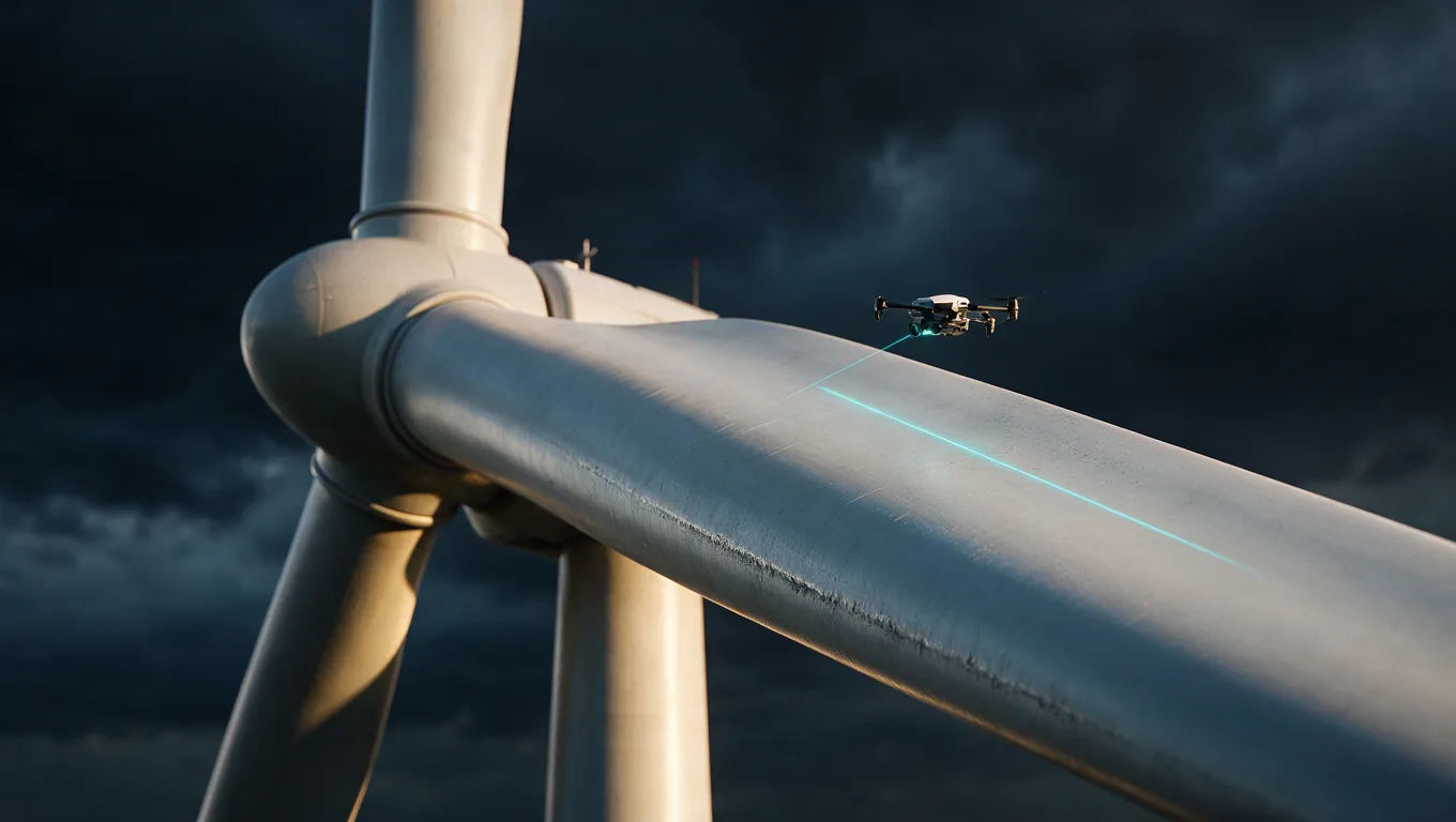 Inspection drone scanning the leading edge of a wind turbine blade against a stormy sky